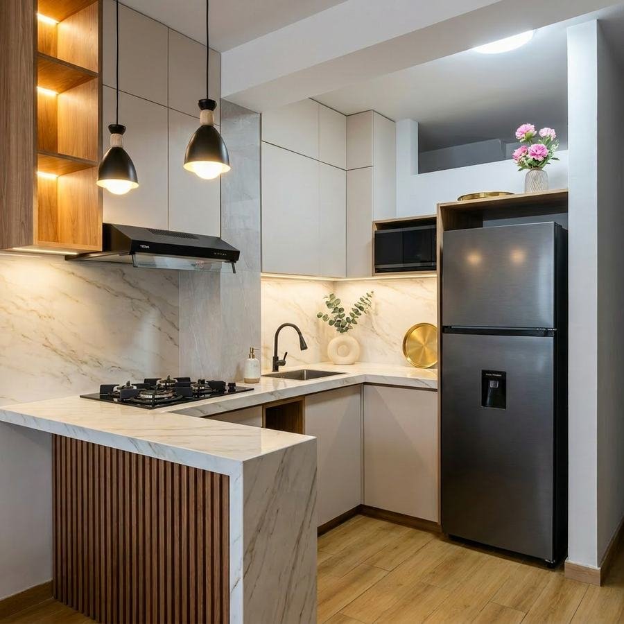 Cocina moderna compacta con barra en melamina Capri — La Campiña, Trujillo